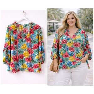 Crown & Ivy Multicolor Floral Print Tassel Ruffle Long Sleeve Blouse Size 2X